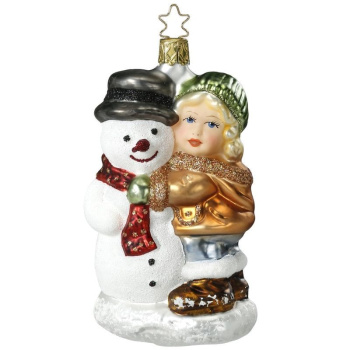 Inge Glas Стеклянная елочная игрушка Девочка со снеговиком, размер - 12,5 см