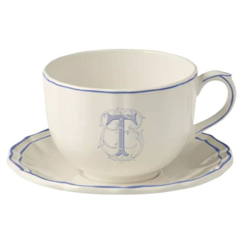 Gien Filet Bleu Monogramme Чайная пара с буквой Т, объем - 450 мл, цвет - белый, синий