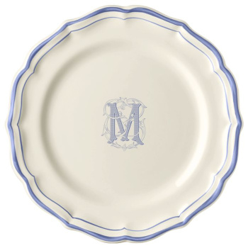 Gien Filet Bleu Monogramme Десертная тарелка с буквой М, диаметр - 23,2 см, белый, голубой