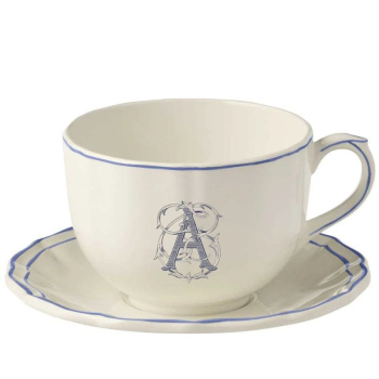 Gien Filet Bleu Monogramme Чайная пара с буквой А, объем - 450 мл, цвет - белый, синий