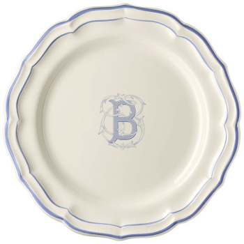 Gien Filet Bleu Monogramme Тарелка для основного блюда с буквой В, диаметр - 26 см, белый, голубой