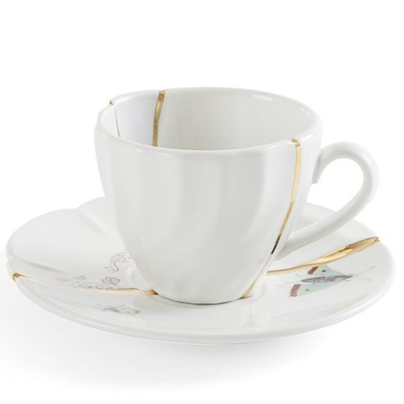 Seletti Kintsugi Фарфоровая кофейная пара для эспрессо, цвет - белый, красный, золотой