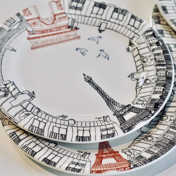 Gien Ca C'est Paris Десертная тарелка с рисунком Tour Eiffel, диаметр - 22 см, белый, черный,красный