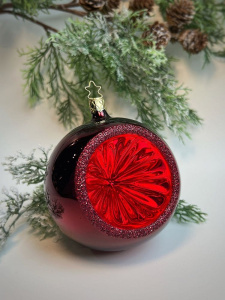 Inge Glas Стеклянная елочная игрушка Шар с отражателем и красными блестками, диаметр - 10 см