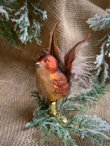 Inge Glas Стеклянная елочная игрушка на прищепке Коричневая птичка с пушистым хвостом, 6,5 см