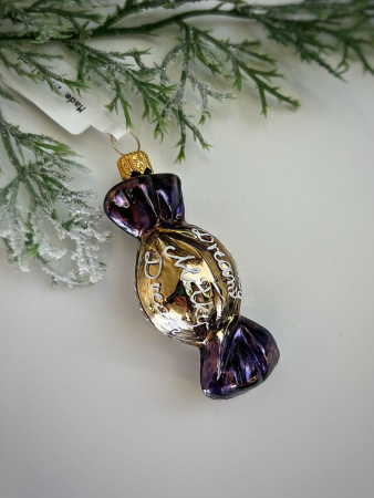 Kruzel Стеклянная елочная игрушка Конфета - карамель - 7 см, цвет - золотой,фиолетовый