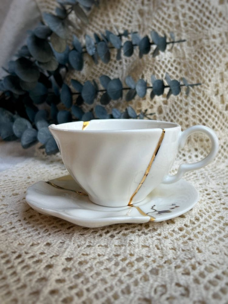 Seletti Kintsugi Фарфоровая чайная пара с цветами, цвет - белый, золотой