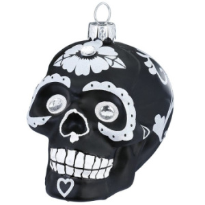 Inge Glas Magic Стеклянная елочная игрушка Черный череп с голубым цветком, размер - 9 см
