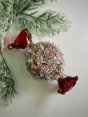 ShiShi Стеклянная елочная игрушка Круглая карамель со стразами, высота - 11,5 см, цвет - красный