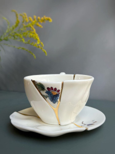 Seletti Kintsugi Фарфоровая чайная пара с цветами, цвет - белый, золотой