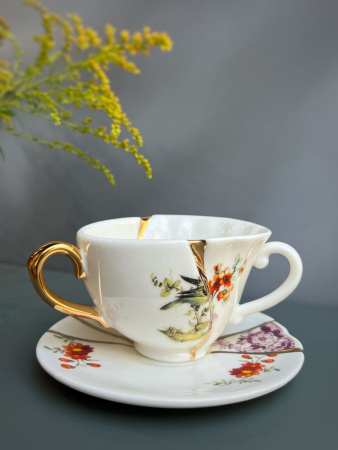 Seletti Kintsugi Фарфоровая чайная пара с двумя ручками, цвет - белый, золотой