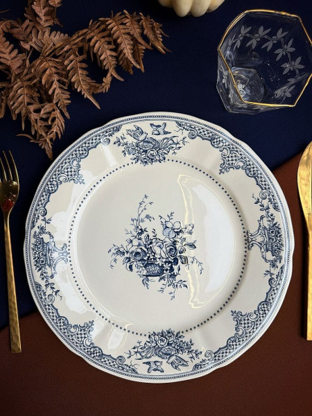 Gien Les Depareillees Обеденная тарелка с рисунком Fleurs (Цветы), диаметр - 28,5 см, белый, голубой