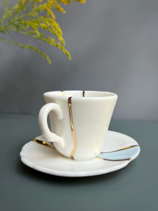 Seletti Kintsugi Фарфоровая кофейная пара для эспрессо, цвет - белый, синий, золотой
