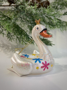 Goodwill Стеклянная елочная игрушка - надувной круг Лебедь, размер - 10 см, белый