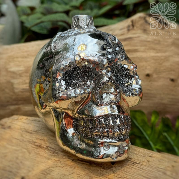 Inge Glas Magic Стеклянная елочная игрушка Серебряный череп, высота - 9 см