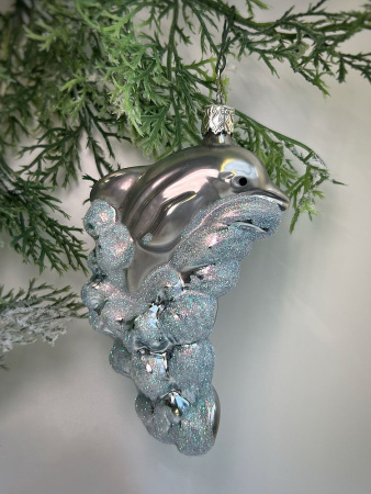 Inge Glas Стеклянная елочная игрушка Дельфин, размер - 12,5 см