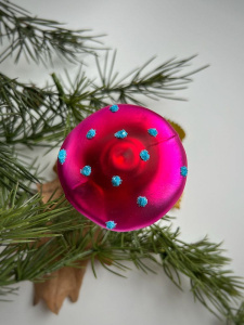 Inge Glas Стеклянная елочная игрушка на прищепке Розовый мухомор с плоской шляпкой, 8,5 см