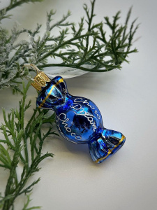 Kruzel Стеклянная елочная игрушка ручной работы Конфета - карамель - 7 см, цвет - синий