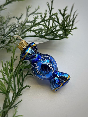 Kruzel Стеклянная елочная игрушка ручной работы Конфета - карамель - 7 см, цвет - синий