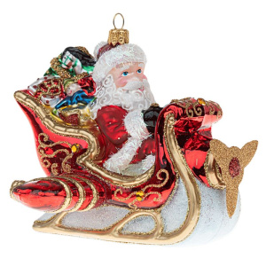 Impuls Стеклянная елочная игрушка Дед Мороз в санях, размер - 13 см, цвет - красный