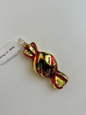 Kruzel Стеклянная елочная игрушка Конфета - карамель полосатая, высота - 8,5 см, красный, золотой