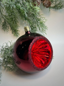 Inge Glas Стеклянная елочная игрушка Шар с отражателем и красными блестками, диаметр - 10 см