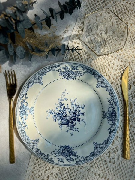 Gien Les Depareillees Десертная тарелка с рисунком Fleurs (Цветы), диаметр - 23,2 см, белый, голубой