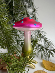 Inge Glas Стеклянная елочная игрушка на прищепке Розовый мухомор с плоской шляпкой, 8,5 см