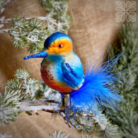 Inge Glas Стеклянная елочная игрушка на прищепке Птица Зимородок, размер - 7 см