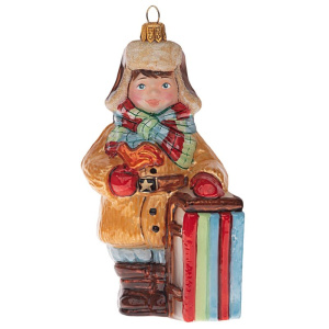 Impuls Стеклянная елочная игрушка Мальчик с санками, высота - 13 см