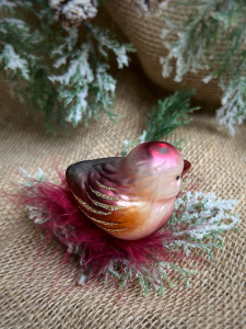 Inge Glas Стеклянная елочная игрушка на прищепке Бордовая птичка в пушистом гнезде, 7 см