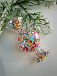 ShiShi Стеклянная елочная игрушка Круглая карамель с пайетками, высота - 8 см, цвет - прозрачный