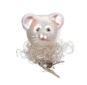 Inge Glas Стеклянная елочная игрушка на прищепке Мышка, размер - 6 см, цвет - белый