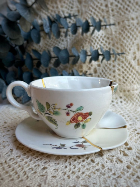 Seletti Kintsugi Фарфоровая чайная пара с цветами, цвет - белый, золотой