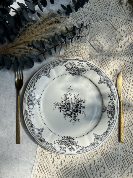 Gien Les Depareillees Десертная тарелка Цветы, диаметр - 23,2 см, цвет - белый, черный