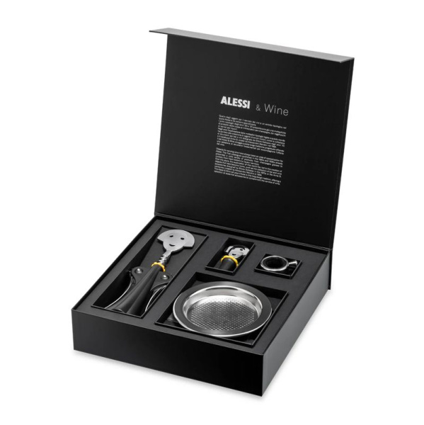 Alessi Wine Подарочный набор: штопор, заглушка для бутылки, кольцо от капель, подставка для бокала