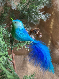 Inge Glas Стеклянная елочная игрушка на прищепке Сине-зеленая птица с синим хвостом, длина - 10 см