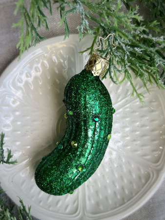 Inge Glas Стеклянная елочная игрушка Огурец с кристаллами, размер - 9 см