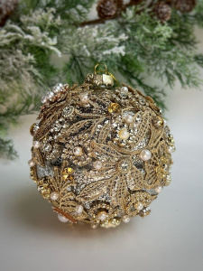 ShiShi Елочная игрушка Шар с кружевом и кристаллами, диаметр - 13 см, цвет - золотой
