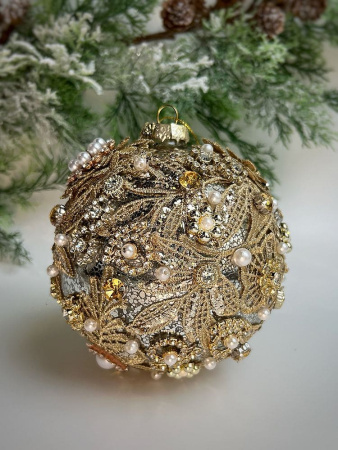ShiShi Елочная игрушка Шар с кружевом и кристаллами, диаметр - 13 см, цвет - золотой