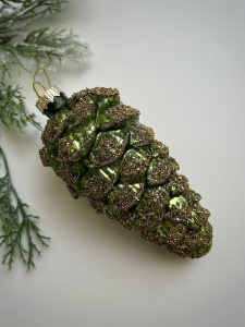 ShiShi Стеклянная елочная игрушка Зеленая шишка с золотыми блестками, высота - 12 см