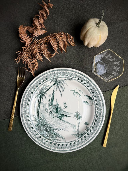 Gien Les Depareillees Тарелка для основного блюда Вид на Восток, 27,4 см, белый, темно-зеленый