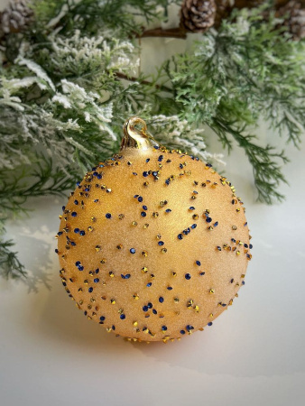 ShiShi Стеклянная елочная игрушка Шар с синими кристаллами, диаметр - 12 см, цвет - золотой