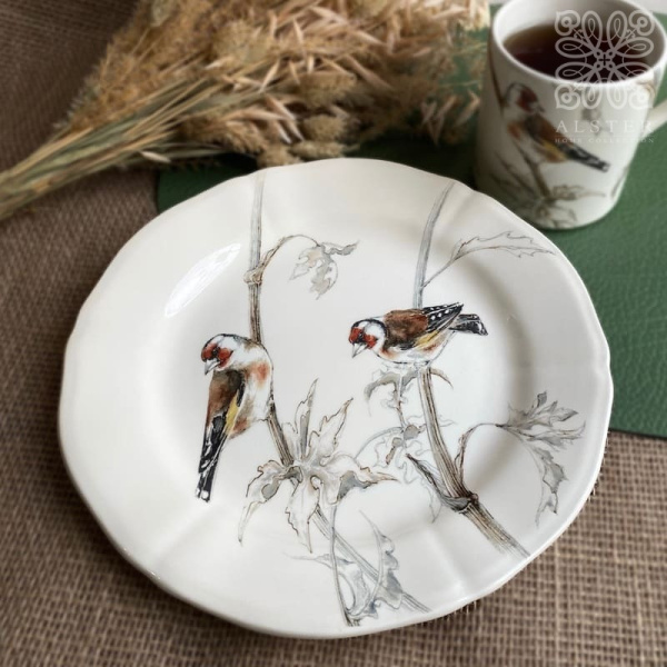 Gien Oiseaux de la foret Десертная тарелка с рисунком Chardonneret, 23,2 см, белый, коричневый