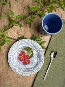 Gien Oiseaux Bleu Fruits Тарелка для закусок и канапе с рисунком Cerises (Вишни), диаметр - 16,5 см