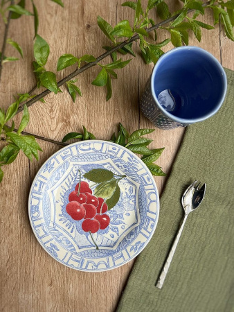 Gien Oiseaux Bleu Fruits Тарелка для закусок и канапе с рисунком Cerises (Вишни), диаметр - 16,5 см