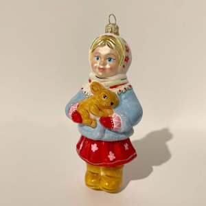 Impuls Стеклянная елочная игрушка Девочка с кроликом, высота - 12 см