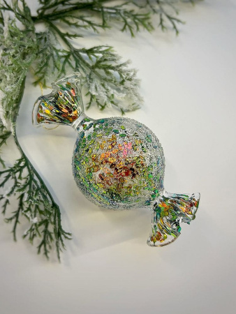 ShiShi Стеклянная елочная игрушка Круглая карамель с желто-зелеными блестками, высота - 10 см