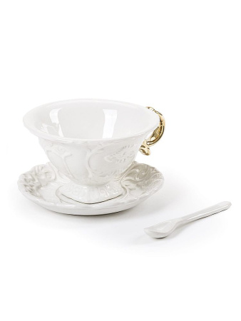 Seletti I-Wares Фарфоровая чайная пара с ложечкой, рамзеры: 13х13х7h см, цвет - белый, золотой