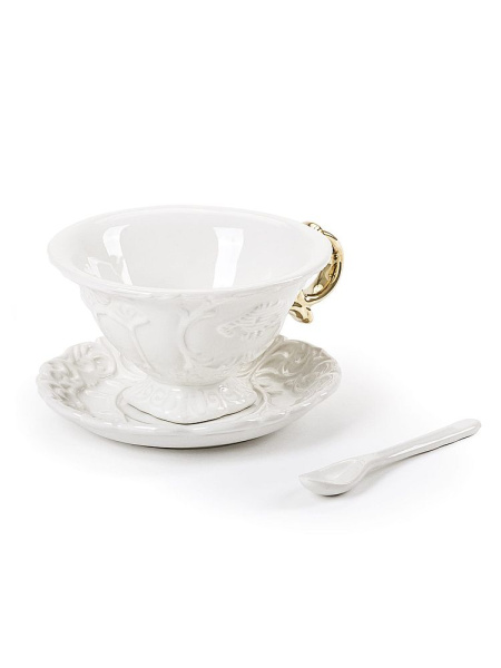 Seletti I-Wares Фарфоровая чайная пара с ложечкой, рамзеры: 13х13х7h см, цвет - белый, золотой